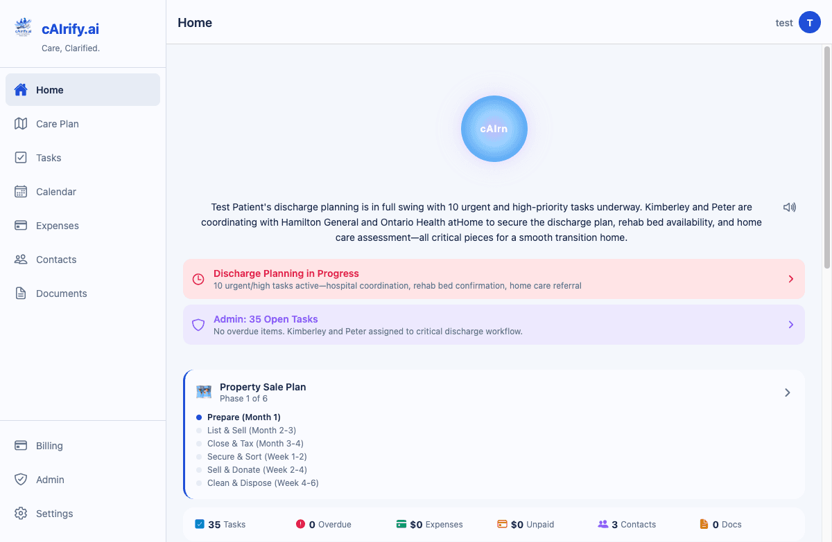 cAirn AI dashboard showing a daily briefing with action cards and a personalized care roadmap