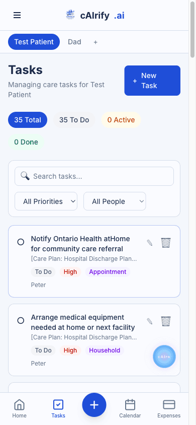 Mobile task list showing care tasks with priorities and categories