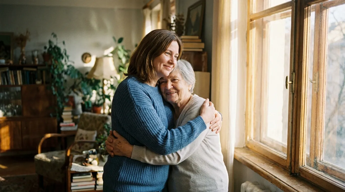 A daughter embracing her elderly mother