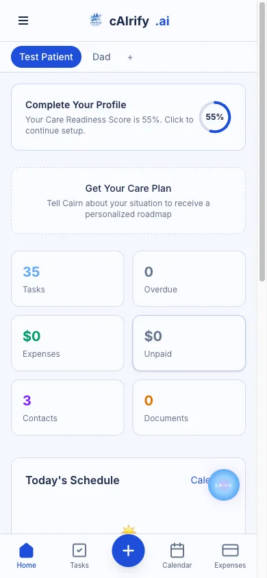 cAirify dashboard on a phone showing today's care tasks and updates